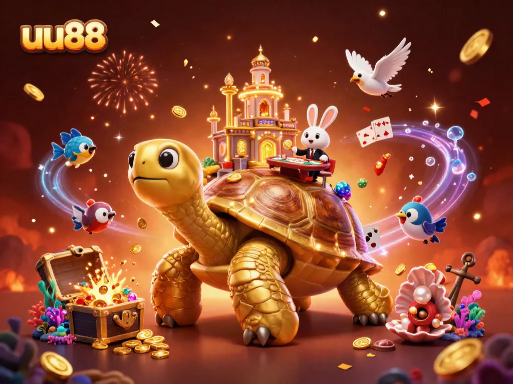 uu88 engages players with a vibrant 3D casino scene featuring a unique tortoise-themed casino.