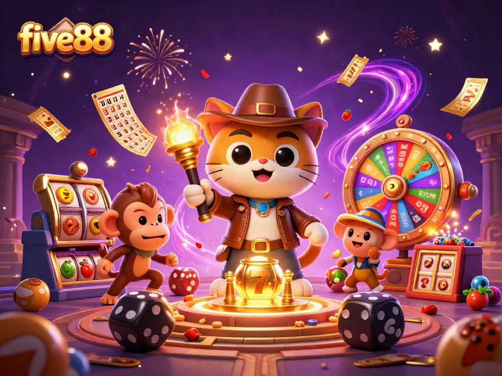 Win big with five88 as a cat archaeologist uncovers casino treasures in vibrant 3D illustration.