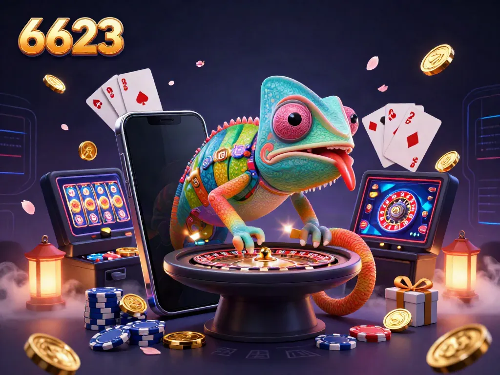 Experience exciting gameplay at 6623 with a vibrant chameleon casino owner capturing golden coins.