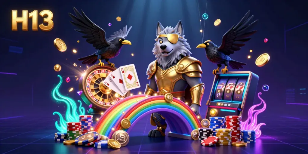 Experience H13's vibrant gambling universe with Odin and ravens amidst bustling casino elements.