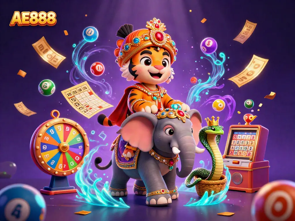 Experience the vibrant AE888 online gaming universe with a 3D cartoon illustration depicting casino elements.