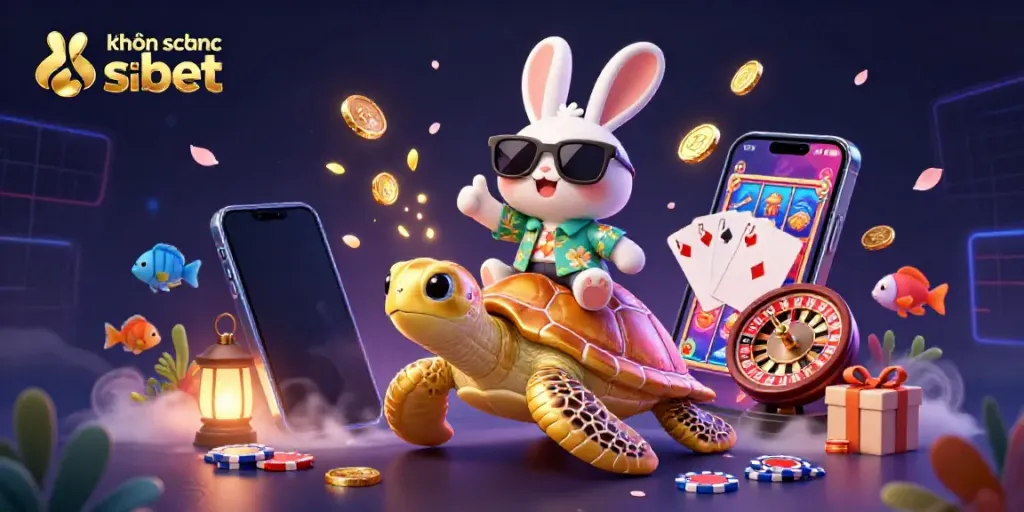 Engage with the vibrant world of link không chặn shbet through a colorful 3D casino illustration featuring a lucky rabbit and golden turtle.