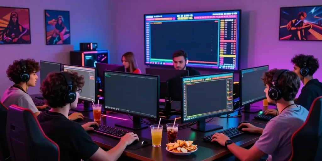 Friends engaging with togel online, surrounded by gaming setups and winning graphics.