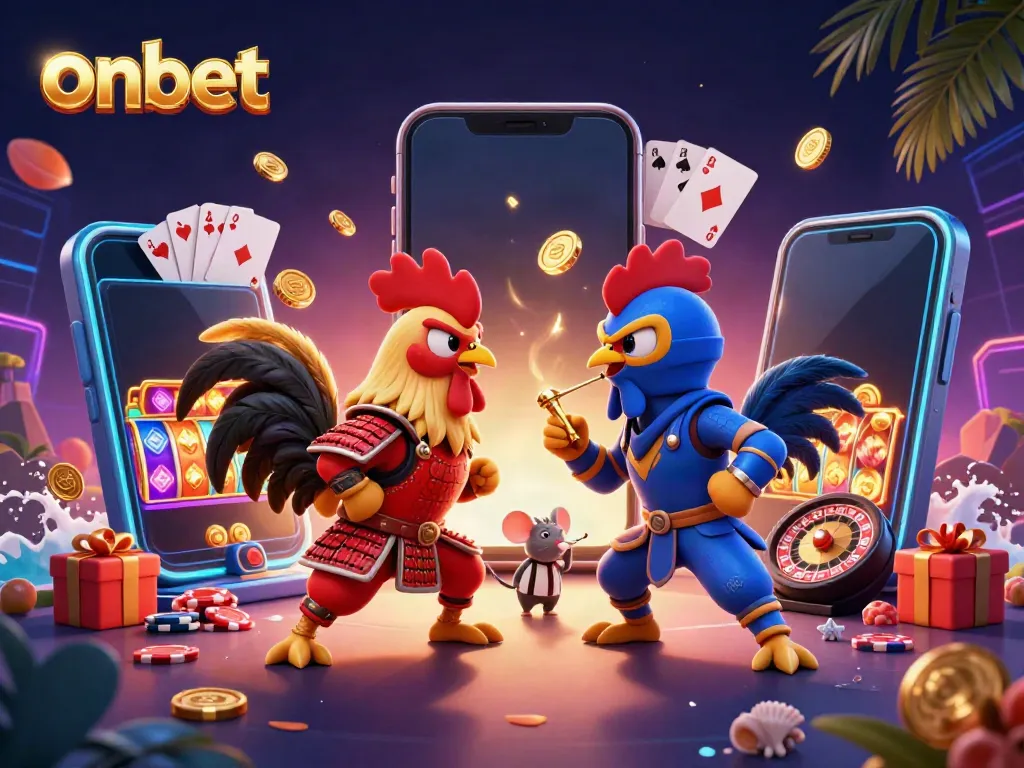 Engage in thrilling action at onbet with 3D roosters battling, colorful slot games, and dynamic casino elements.