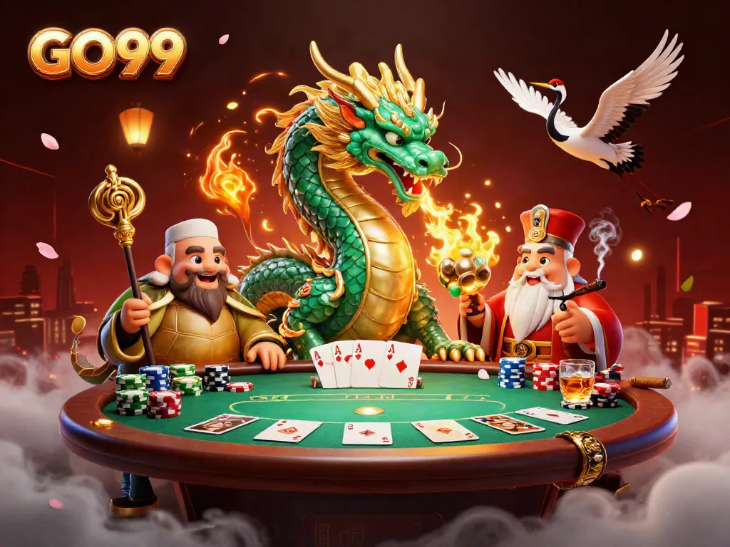 Engage with GO99's vibrant casino scene featuring a jade dragon and dynamic card elements.