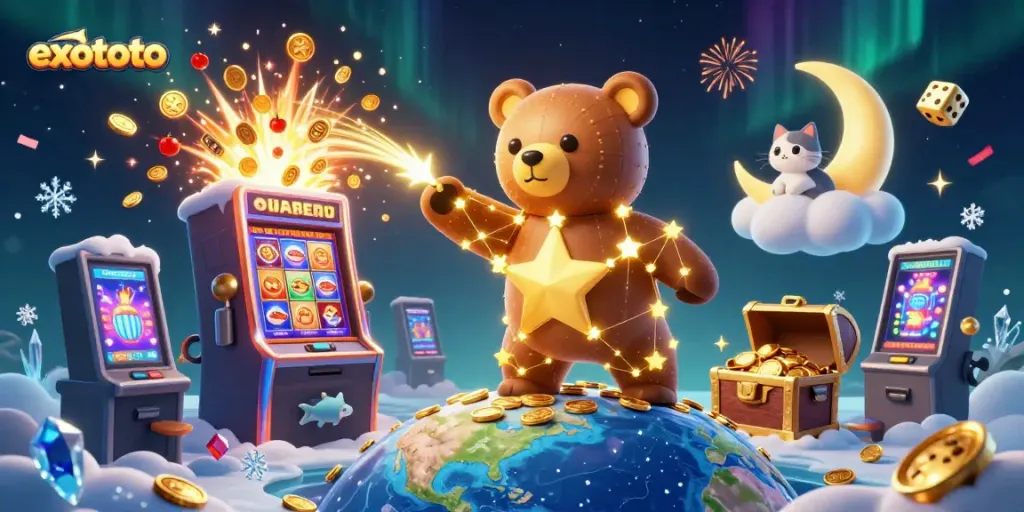 Permainan slot menarik di EXOTOTO dengan bintang berkilauan dan kucing bulan di langit malam.