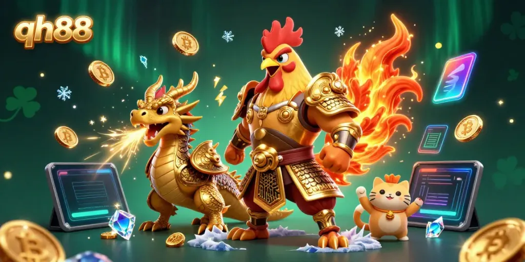 Experience the thrill at qh88 with a dynamic illustration of a fierce rooster warrior and dragon, showcasing casino gaming elements.