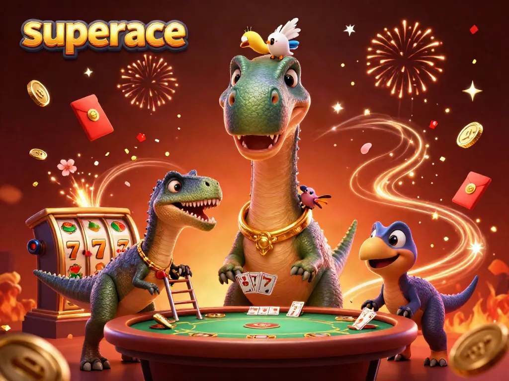 Experience the excitement of superace slots with a vibrant 3D casino scene featuring dynamic characters and rich game elements.