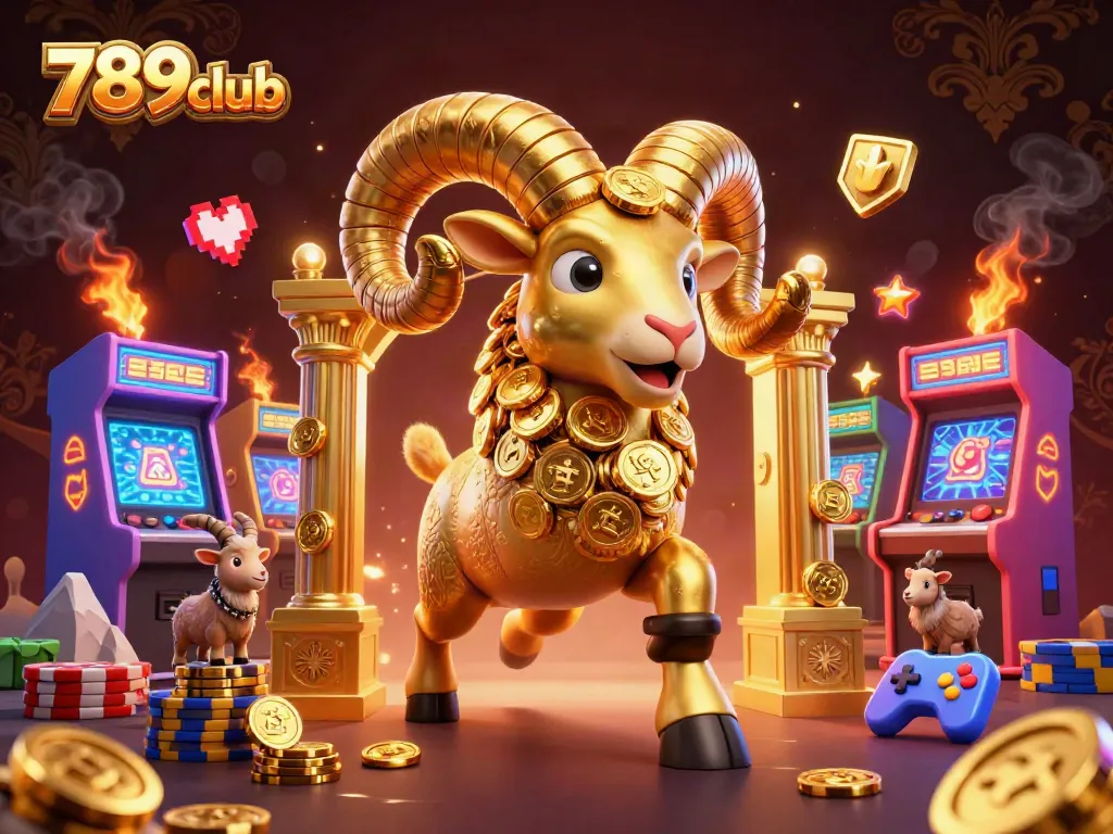 Engage with the 789club golden ram at a dynamic casino scene filled with arcade elements and energy.