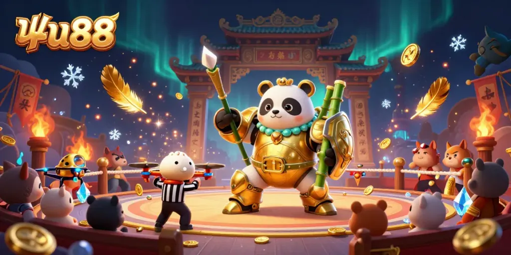 ฟัน88 offers thrilling betting experiences with a dynamic golden panda mech robot and vibrant casino elements.