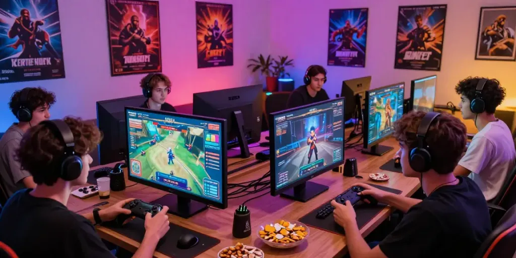 Friends enjoying a multiplayer gaming session at kilat404, vibrant atmosphere with snacks and game controllers.