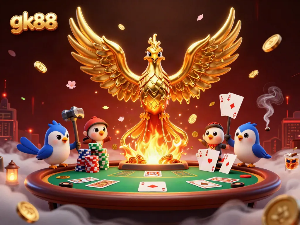 Experience the thrill of gk88 with molten phoenix and poker elements in a vibrant casino scene.