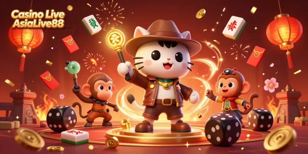 Experience the thrill of winning at Casino Live AsiaLive88 with vibrant 3D illustration of gamers exploring ancient treasures.