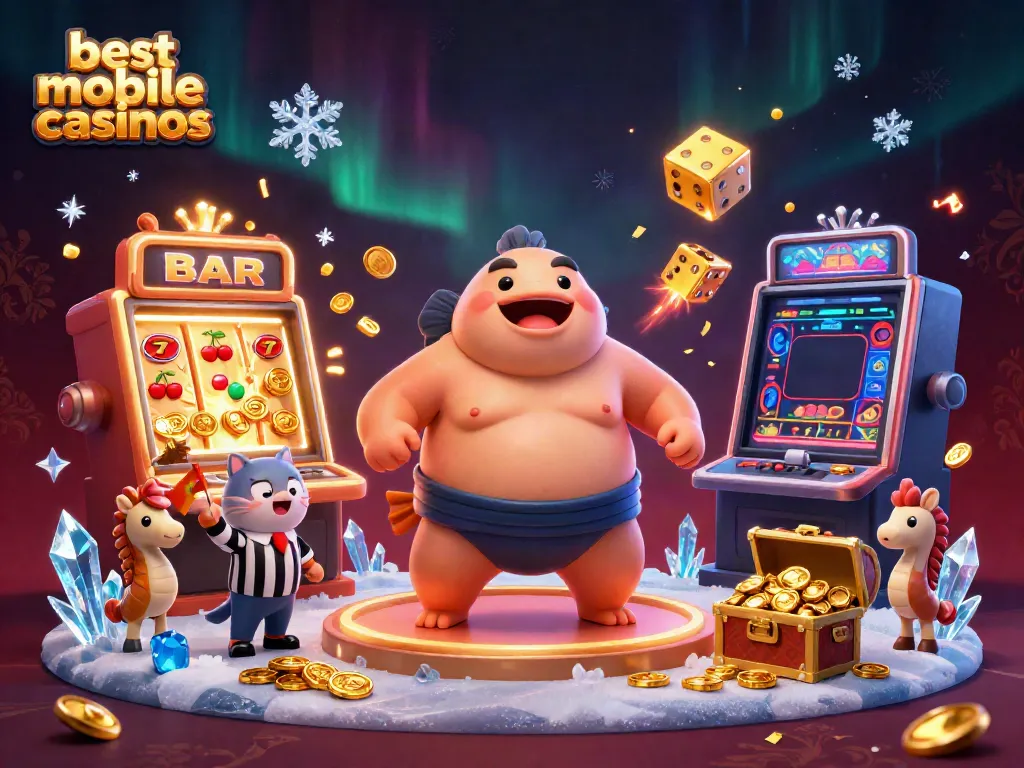 Enjoy the excitement of the best mobile online casinos with dynamic characters and casino themes in a vibrant 3D scene.