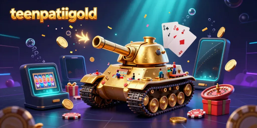 Win big with teenpatiigold in this vibrant 3D casino illustration showcasing games and prizes.