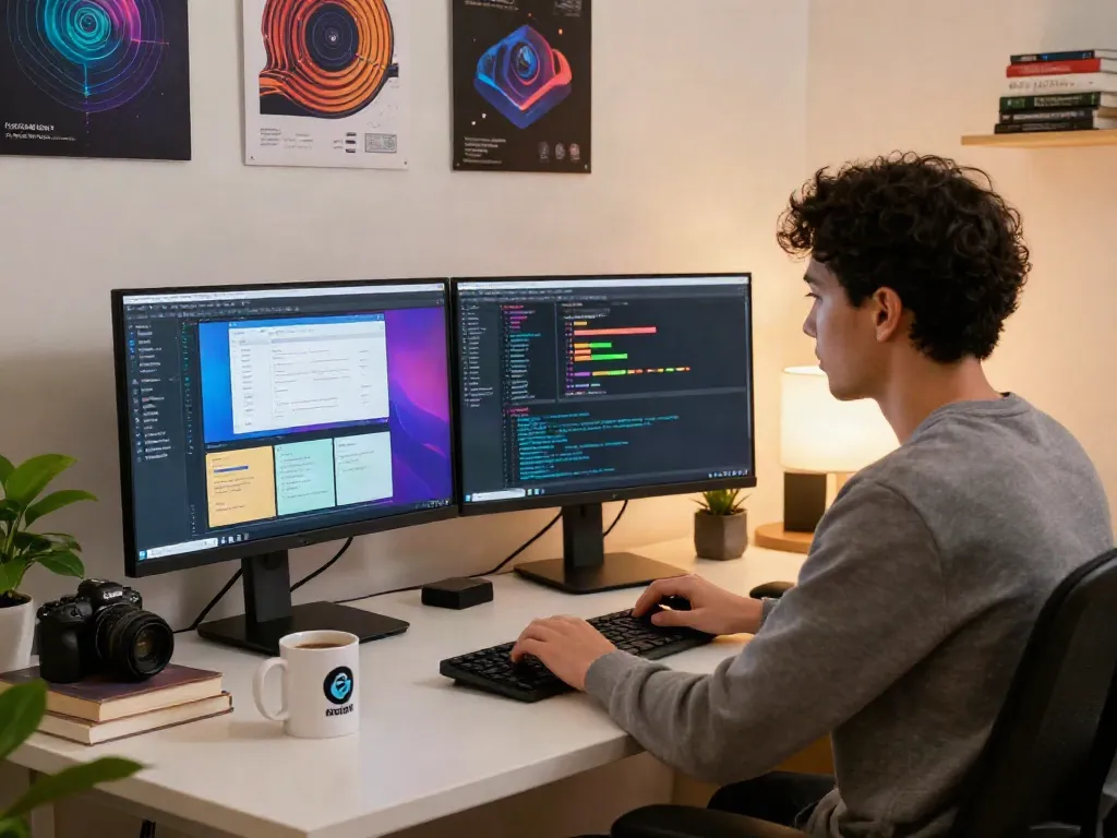 Developer coding in a vibrant workspace showcasing istana404 software innovation, tech posters, and ambient lighting.