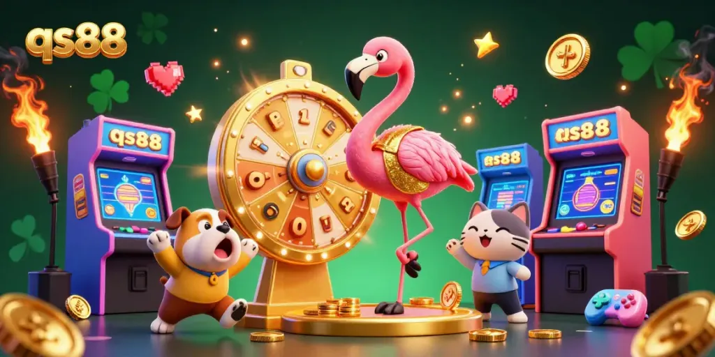 Win big with qs88 in a vibrant, lively casino scene featuring cartoon characters and arcade elements.