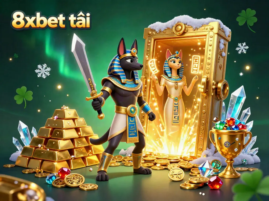 Experience 8xbet tải with Anubis and Bastet in a golden treasure world filled with gems.