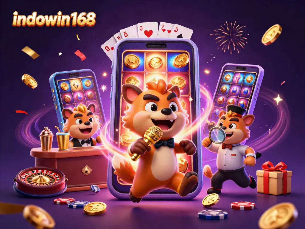 Engage with indowin168's vibrant casino atmosphere featuring animated hyenas, stunning slot games, and festive decorations.