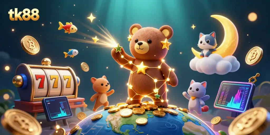 Spin and win with tk88 in a vibrant casino scene featuring animated characters and cryptocurrency elements.