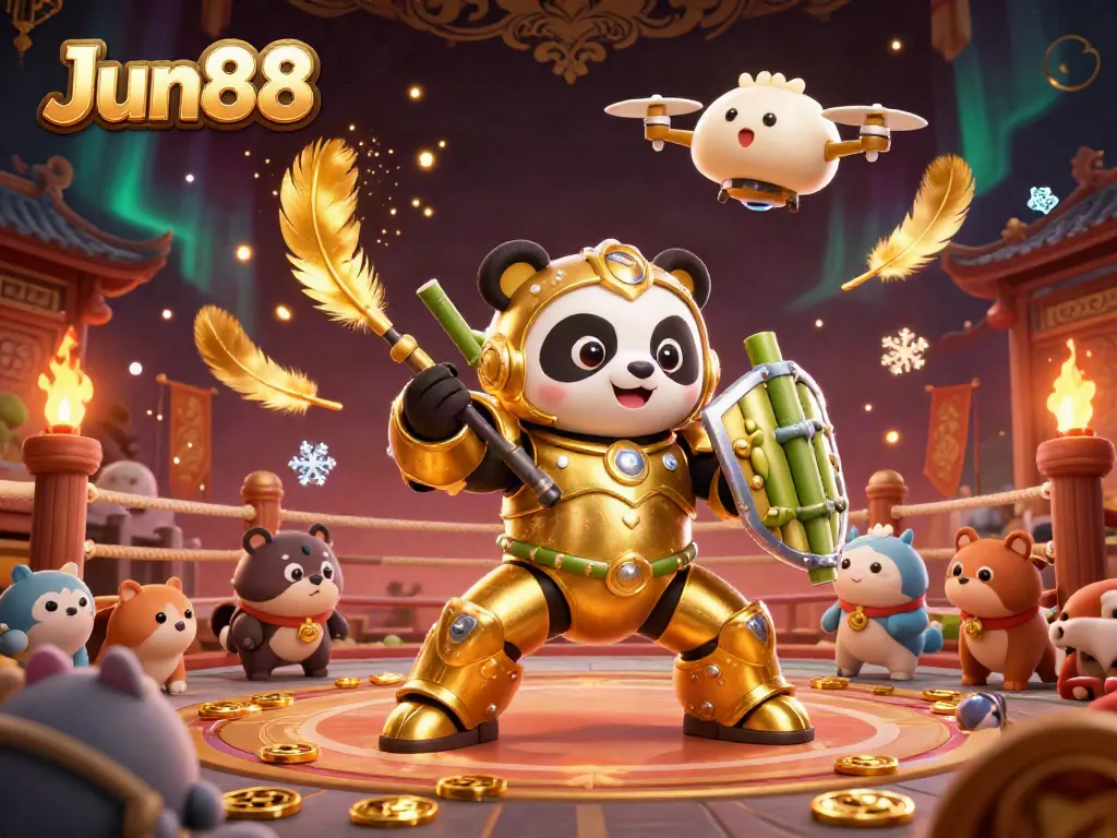 Experience thrilling gaming action at Jun88 with a golden panda in a high-tech arena.