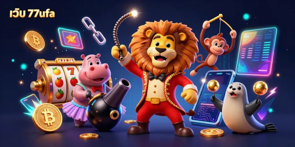Engage in thrilling gameplay with เว็บ 77ufa's vibrant casino illustration featuring animated characters and exciting game elements.