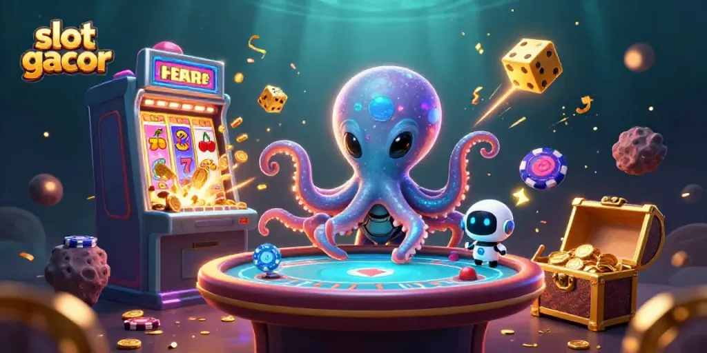 Permainan slot gacor dengan alien kartun dan robot yang beraksi di meja poker holografis.
