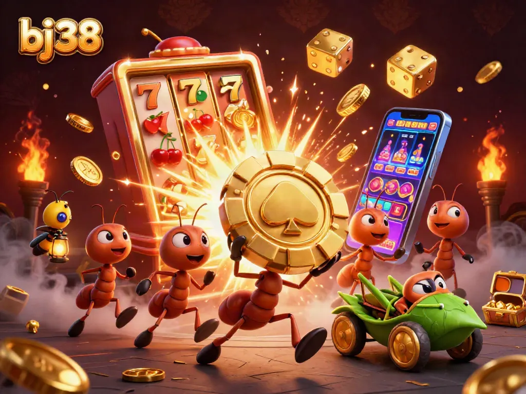 BJ38 ants pull a giant poker chip amidst a jackpot explosion of casino elements and dynamic game symbols.
