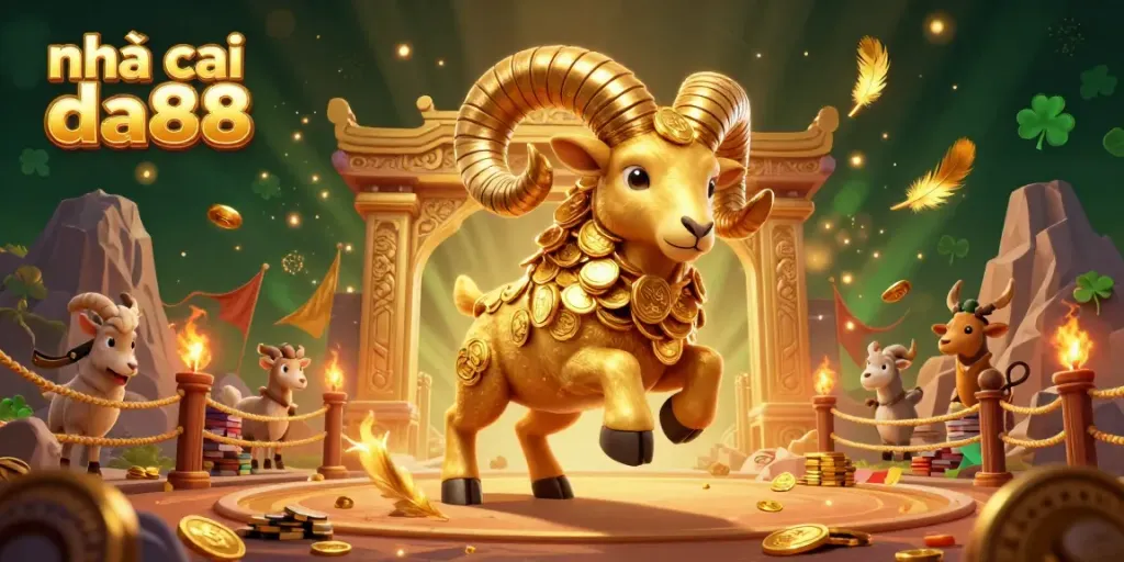 Engaging scene showcasing nhà cái da88 with a golden ram amidst a vibrant casino atmosphere filled with gold coins.