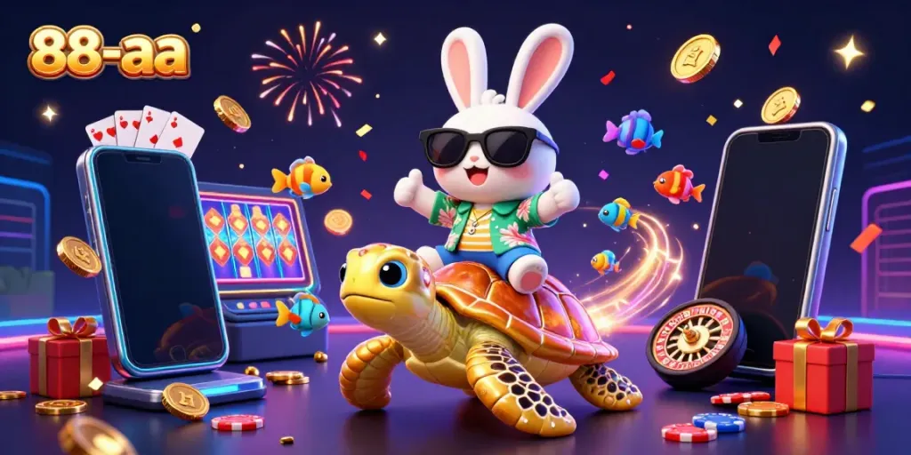 Engage with thrilling games at 88-aa, where a lucky rabbit and golden turtle celebrate casino wins.