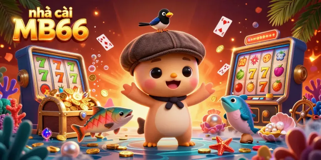 Jump into the excitement of nhà cái MB66 with playful characters amidst vibrant casino scenes.