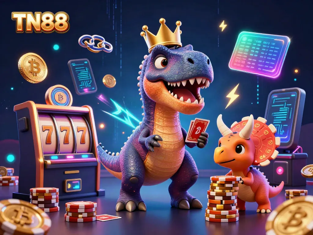 Watch the T-Rex shuffle cards in a cartoon casino scene filled with slots and crypto elements featuring TN88.