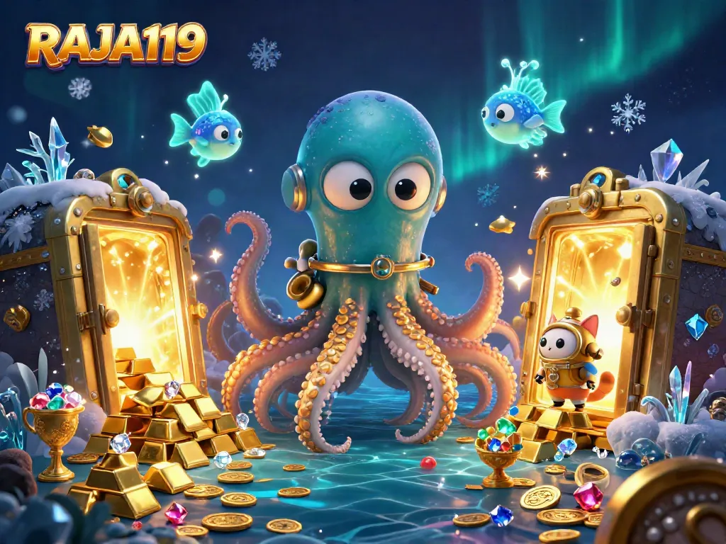Experience RAJA119's thrilling world with the colossal kraken and diving cat amidst treasure.