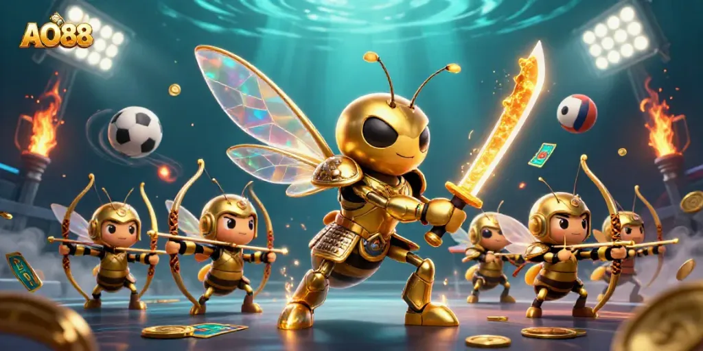 Engage with AO88's thrilling casino atmosphere, featuring a golden hornet samurai amidst sports betting elements.
