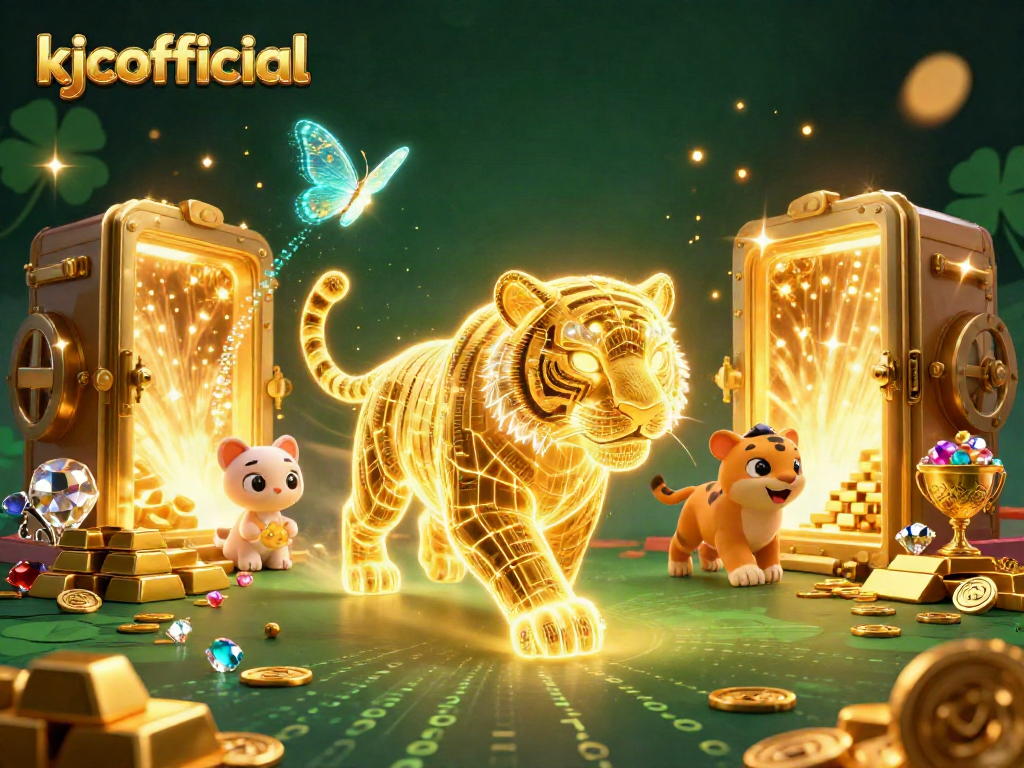 Engage with the vibrant digital casino scene featuring kjcofficial's golden tiger amidst sparkling treasures.
