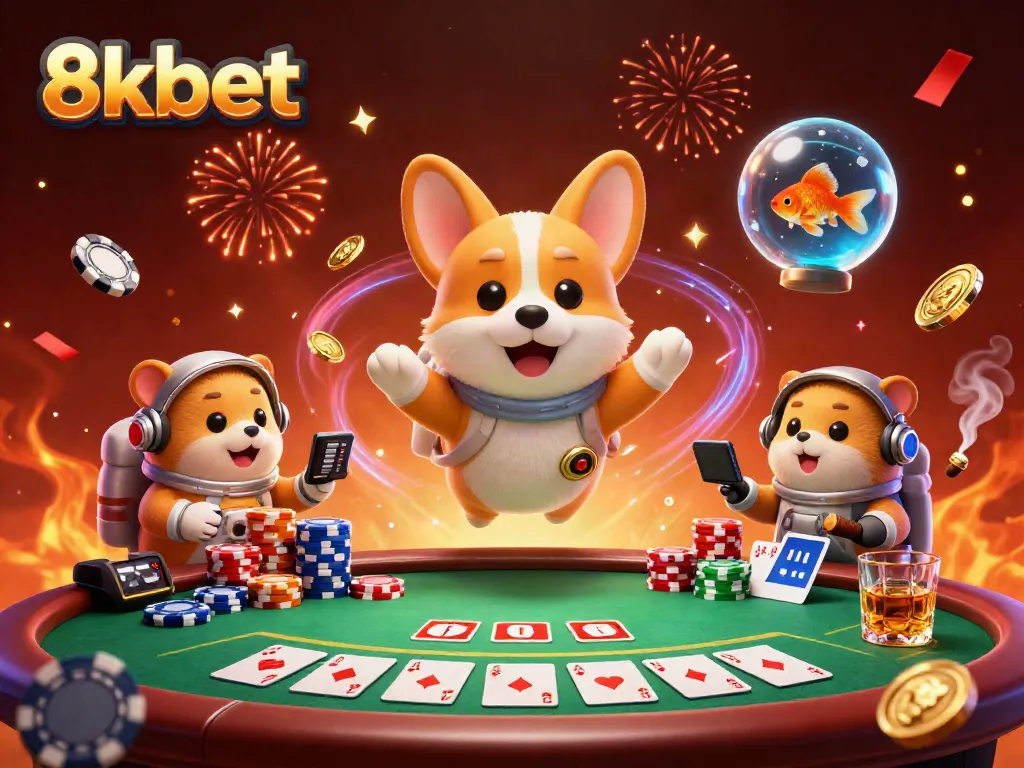 Experience the excitement of 8kbet in a vibrant space-themed casino illustration featuring a corgi and friends.