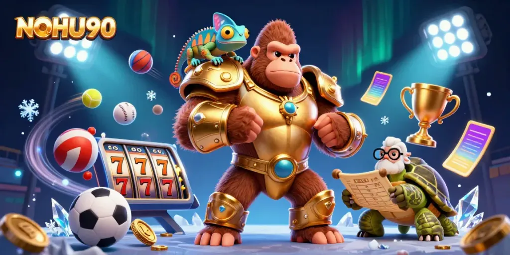 Experience dynamic gaming action with NOHU90, showcasing a gorilla king and thrilling slot elements.