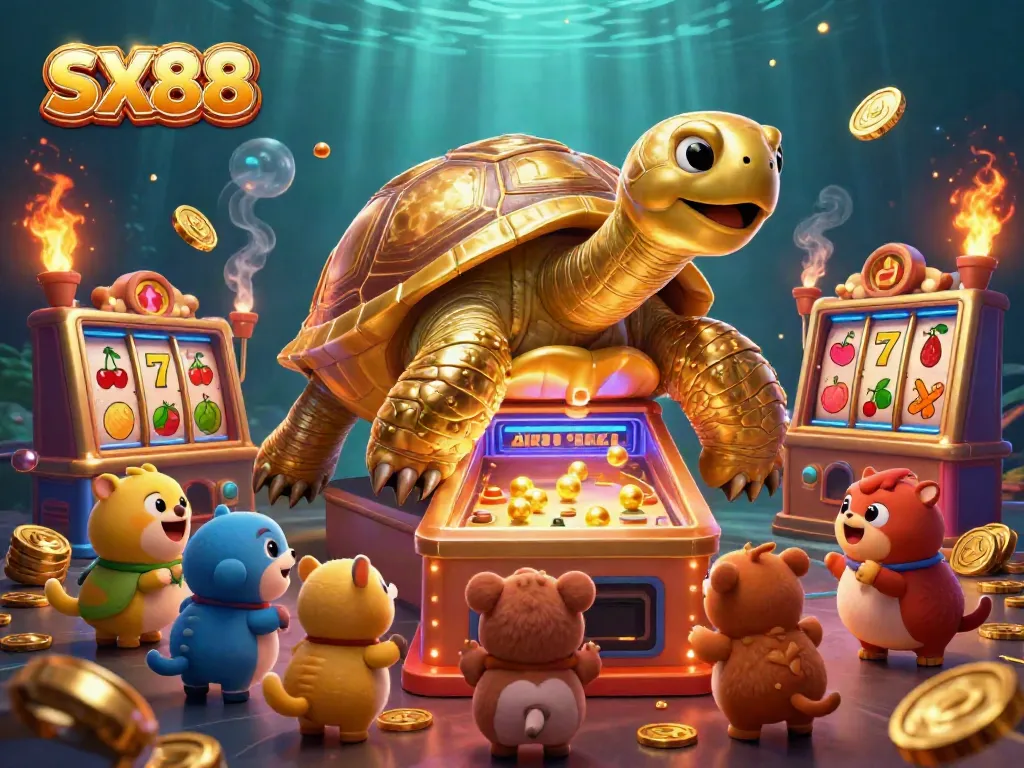 SX88 engages players with a vibrant 3D tortoise pinball machine in a packed casino scene.
