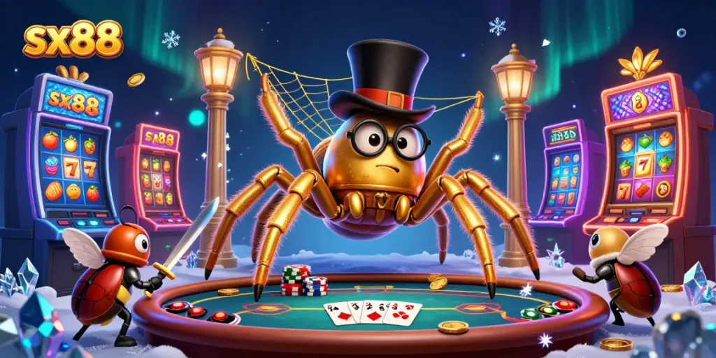 Sx88 entices players with vibrant slot machines and a whimsical tarantula in a casino setting.