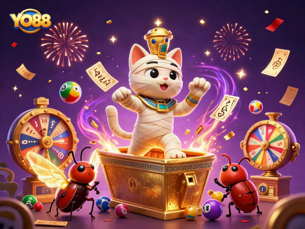 Spin to win at YO88 with the 3D mummy cat and vibrant lottery elements surrounding it!