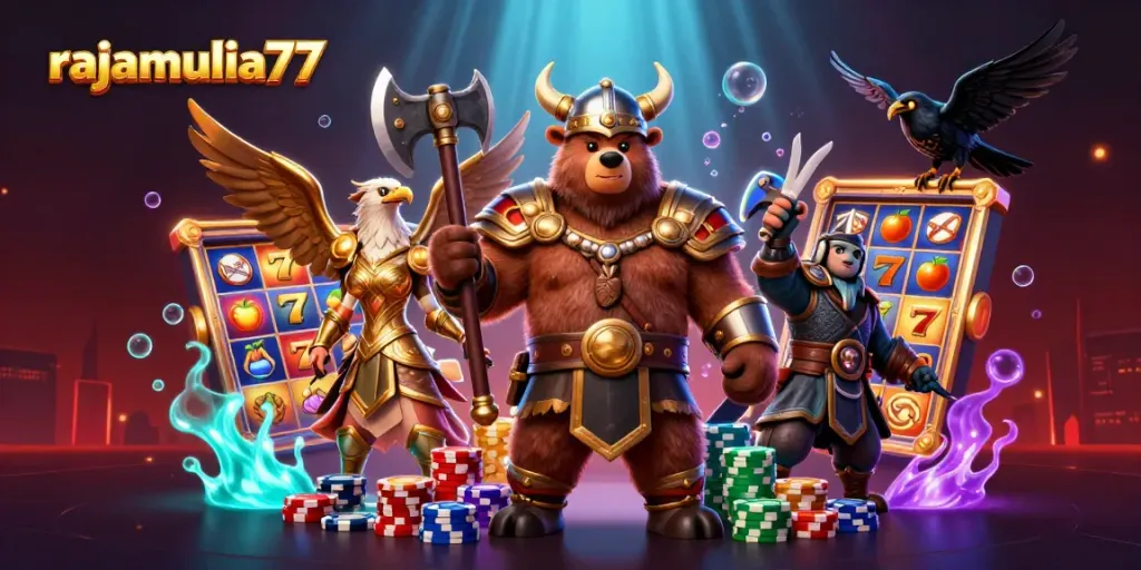 Permainan rajamulia77 dengan slot yang meriah dan karakter Viking dalam aksi.