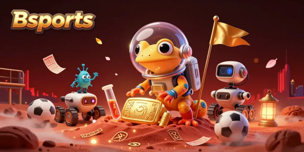 Bsports showcases a 3D cartoon Martian gecko discovering a golden casino in a vibrant scene filled with sports elements.