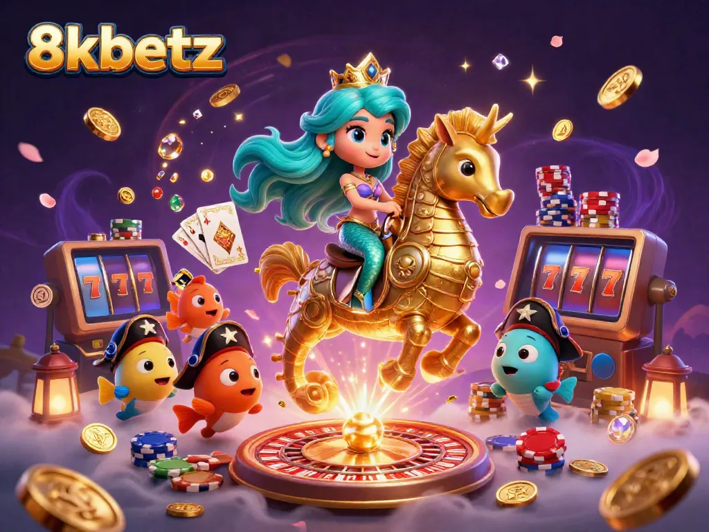 Experience 8xbetz's thrilling gaming adventure with a mermaid and seahorse amidst casino glory.