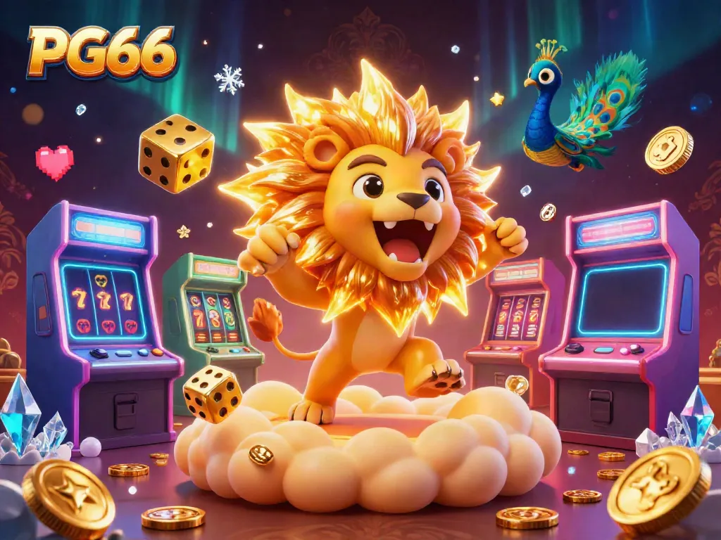 Join the excitement at PG66 with a roaring lion and vibrant casino elements in a colorful 3D scene.