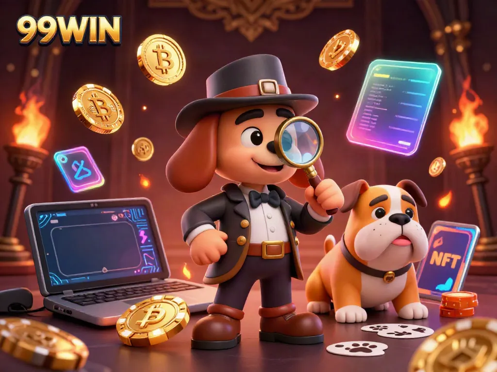 Engage with 99WIN’s vibrant online casino scene featuring a detective cartoon examining chip clues.