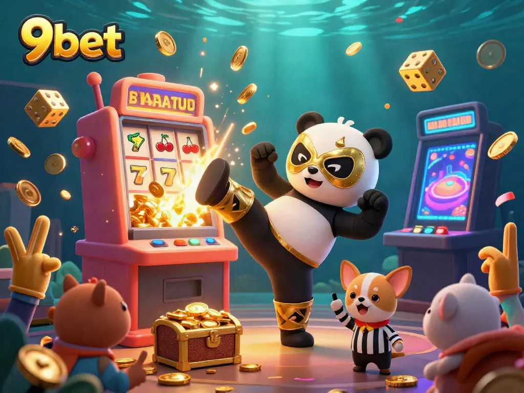 Experience the thrilling world of 9bet with a cartoon wrestling panda flying through a casino explosion.