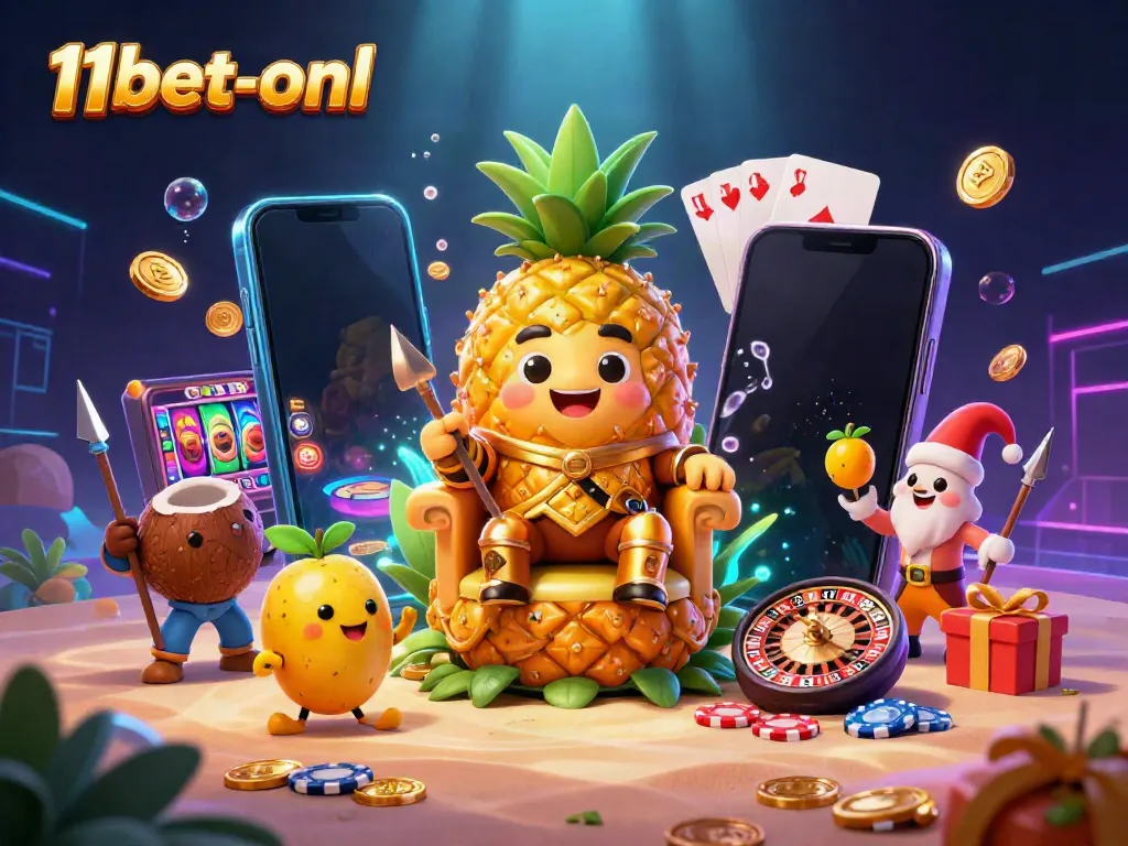 Engage in thrilling gaming with 11bet-onl's vibrant 3D casino scene featuring animated characters and dynamic slot elements.