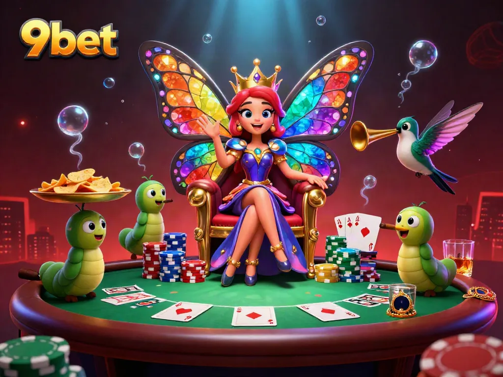 Experience the excitement of 9bet with a vibrant casino scene featuring a butterfly queen, poker elements, and rich colors.