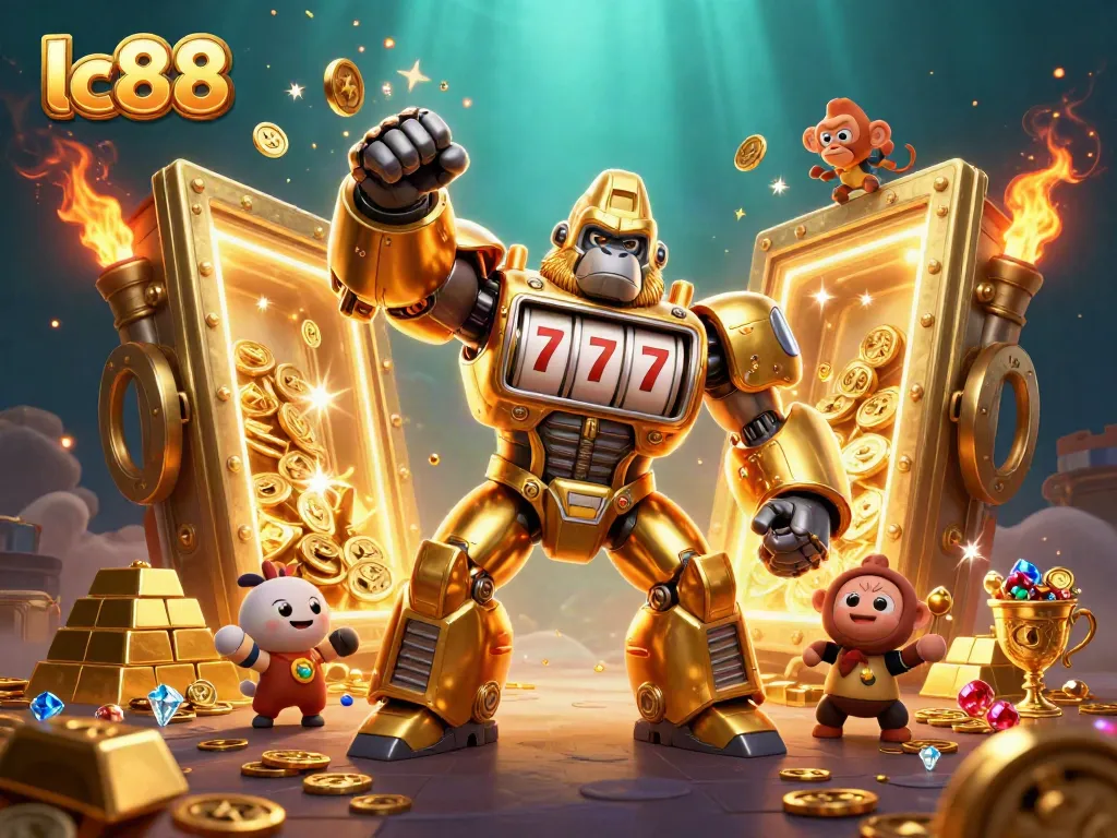 Experience the excitement of lc88 with a golden mech smashing jackpots surrounded by treasure and gems.
