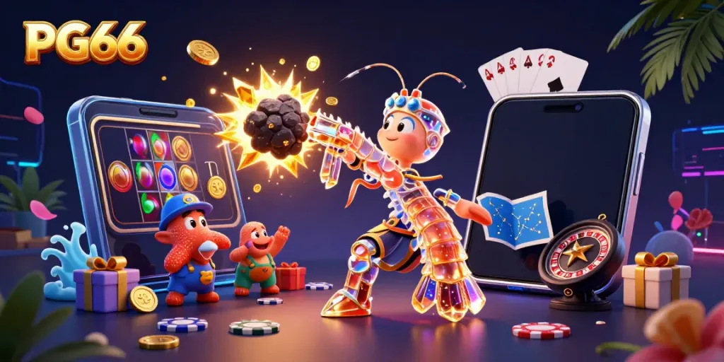 Experience the excitement of PG66 with a galactic samurai and vibrant casino elements illustrating the thrill of online gaming.